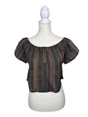Earthbound Trading Co Boho Peasant Crop Top Striped Cotton Festival Hippie